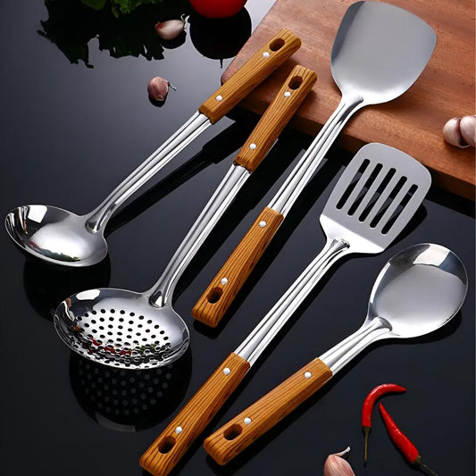 Kitchen Utensil Set | Wood-Grip Steel | 5 pieces